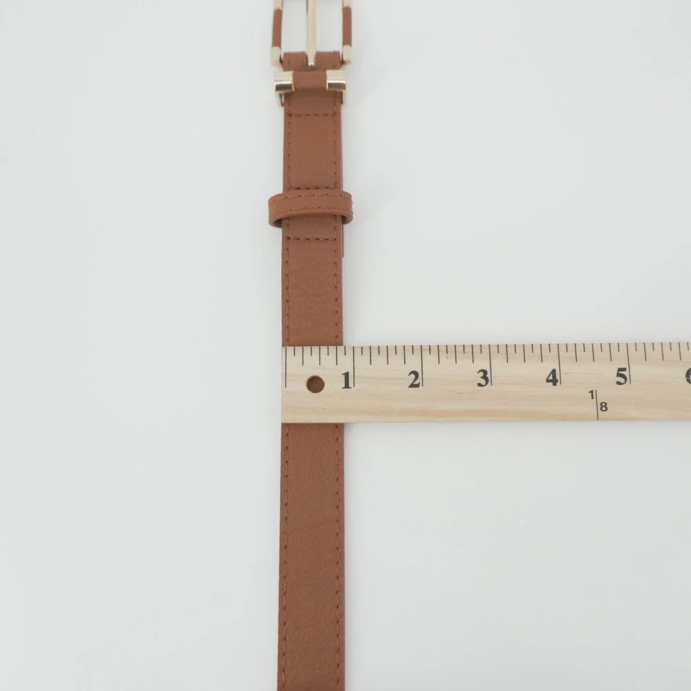 Faux Leather Belt Womens L/XL Brown Gold Buckle Skinny Waist Belt